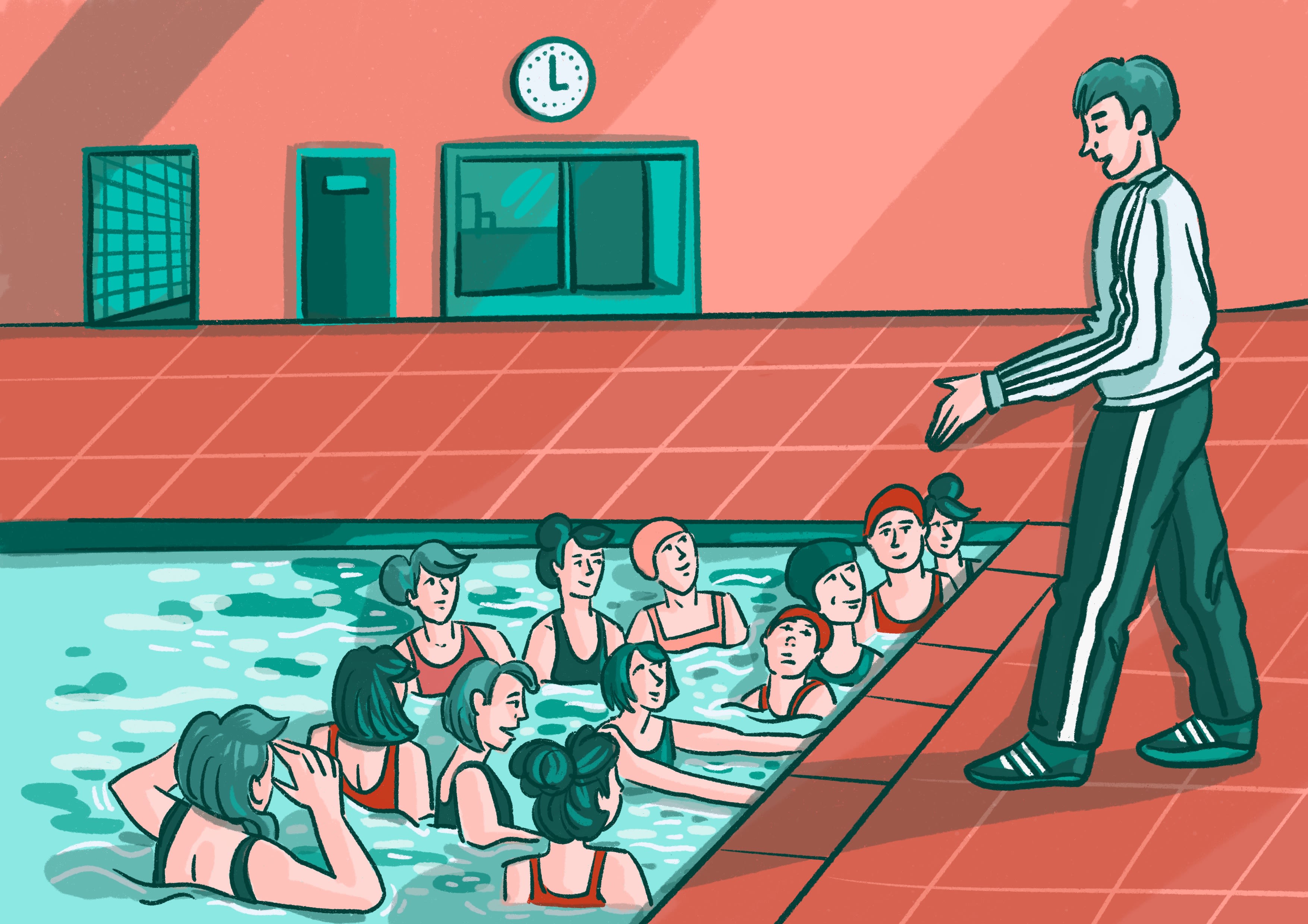 Greenfinches in swimming pool for basic training