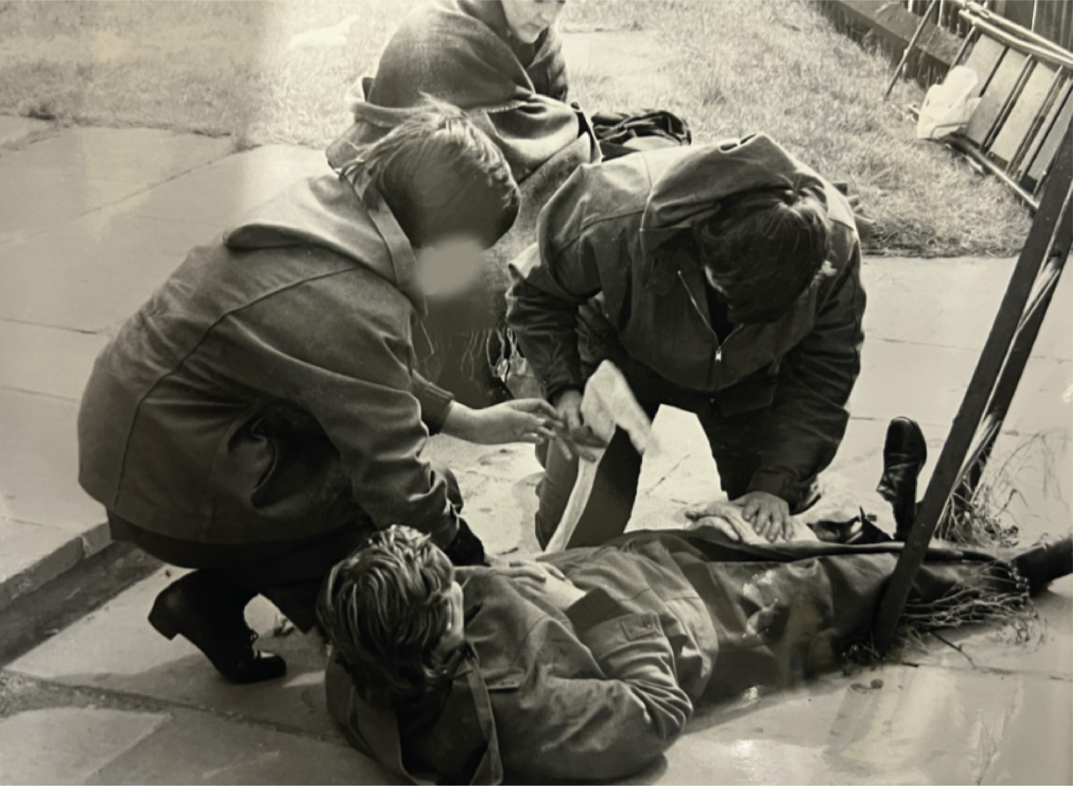Three Greenfinches delivering first aid to fallen soldier